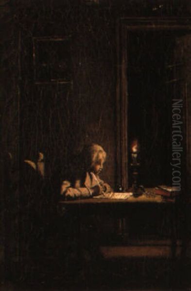 En Gasse Skrifver Vid Ljus Oil Painting by Pehr Hillestroem