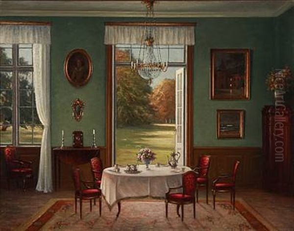 Interior From A Drawing Room With Open Doors With A Park Oil Painting by Hans Hilsoe