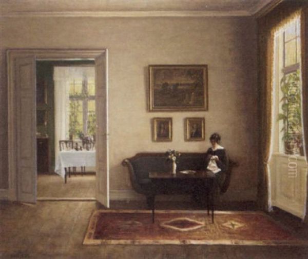 An Interior With A Lady Sewing Oil Painting by Hans Hilsoe