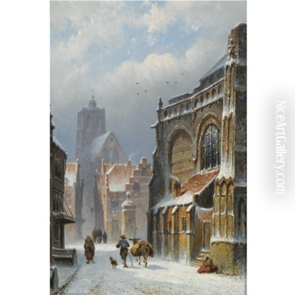 A Snow Covered Street In Zaltbommel, The Grote Kerk In The Background Oil Painting by Eduard Alexander Hilverdink