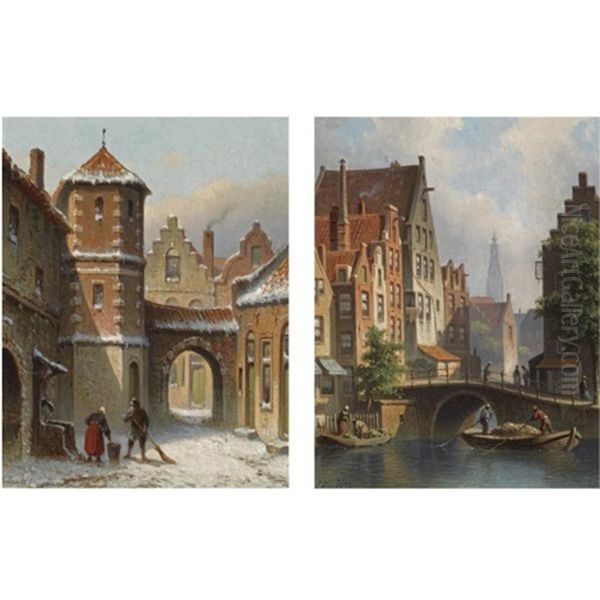 A View On The Langbrugsteeg In Amsterdam On A Summer's Day (+ Figures In The Snow Covered Streets Of A Dutch Town; Pair) Oil Painting by Eduard Alexander Hilverdink