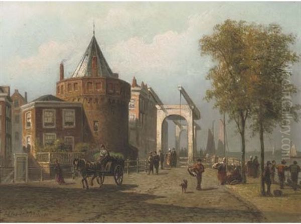 The Prins Hendrikkade With The Schreierstoren, Amsterdam Oil Painting by Eduard Alexander Hilverdink