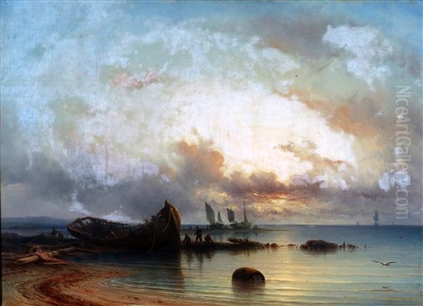 Scheepswrak Op Het Strand Oil Painting by Johannes Hilverdink