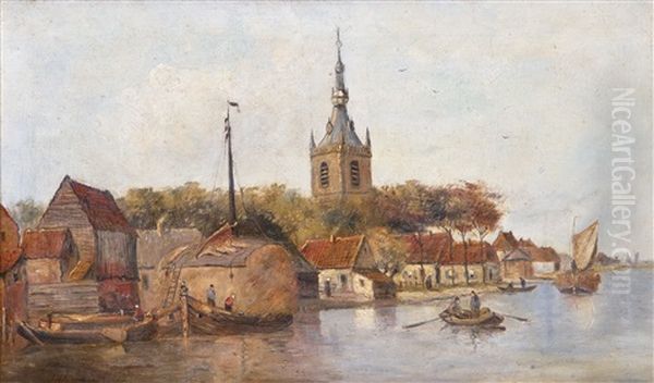Hollandische Uferlandschaft Oil Painting by Johannes Hilverdink