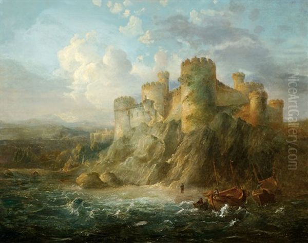 Ships On A Beach By A Castle On A Rock Oil Painting by Johannes Hilverdink