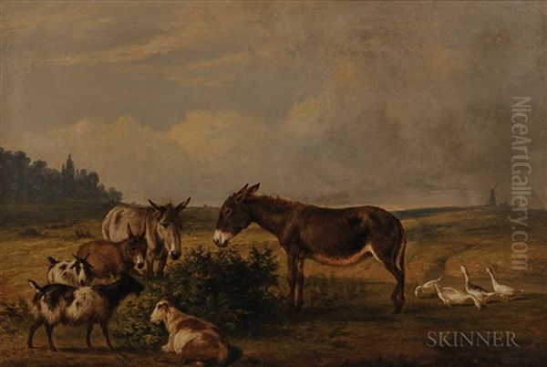 Donkeys, Goats, And Geese In A Field With A Distant Windmill Oil Painting by Thomas Hewes Hinckley
