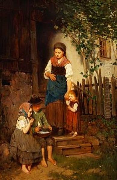 Two Poor Children Sharing A Bowl Of Soup At A Farmhouse, With The Servant Girl And A Little Girl Watching Oil Painting by Johann Ferdinand Julius Hintze