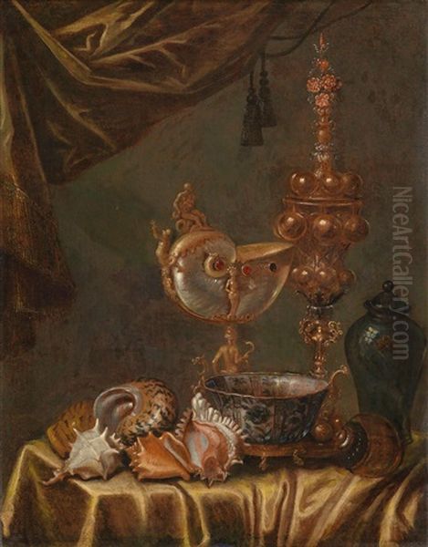 Prunkstillleben Mit Einem Nautiluspokal, Einem Buckelpokal, Einer Chinesischen Schale (kraak-porzellan) Und Muscheln Oil Painting by Johannes Georg Hinz