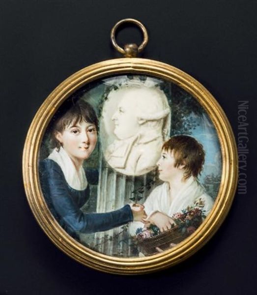 Triple Portrait Du Comte De La Pallu Et De Ses Filles Annette, Marquise De Flers Et Constance, Marquise De Courtivron Oil Painting by Francois Hippolyte Desbuisson dit Hipolite