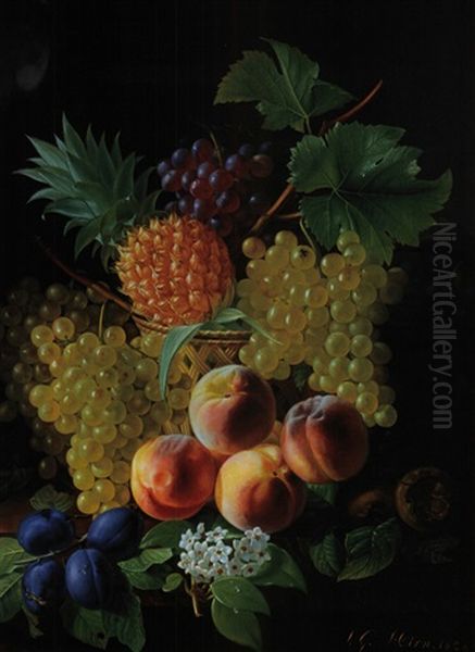 Stilleben Mit Fruchtkorb, Trauben, Pfirsichen, Pflaumen Und Ananas Oil Painting by Jean Georges Hirn