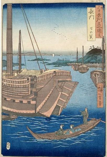 Drei Oban-tate-e Oil Painting by Utagawa or Ando Hiroshige