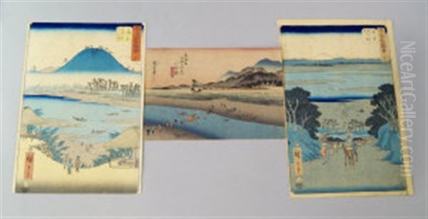 The Far Bank Of The Oi River At Kanaya, From The Series Of The Fifty Three Stations Of The Tokaido, Together With Two Views Of Fuji, Possibly From Thirty Six Views Of Mount Fuji(3 Works) Oil Painting by Utagawa or Ando Hiroshige