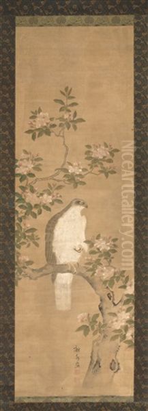 Hawk On A Flowering Tree Branch Oil Painting by Utagawa or Ando Hiroshige