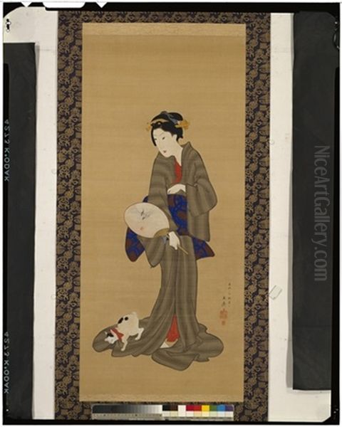 Beauty Holding A Fan And Cat Oil Painting by Utagawa or Ando Hiroshige