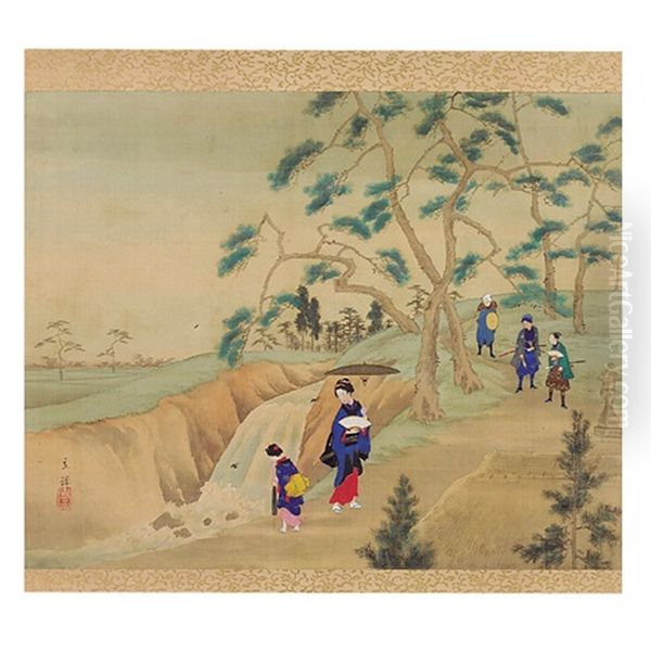 Asukayama Koraku Zu Oil Painting by Hiroshige II (Ichiusai Shigenobu)