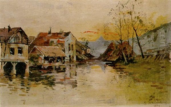Houses By The River Oil Painting by Shmuel Hirszenberg