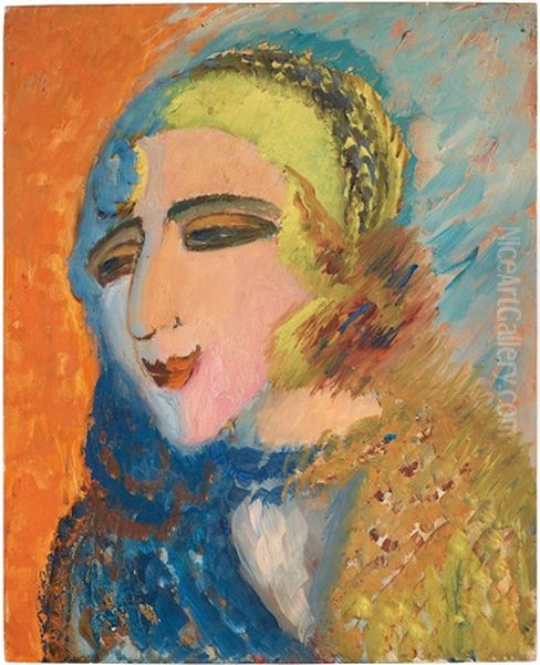 Flickhuvud I Gul Mossa (girl Head In Yellow Hat) Oil Painting by Sigrid Hjerten
