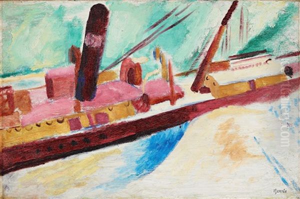Red Boat - View From The Studio Towards Stadsgardskajen Oil Painting by Sigrid Hjerten
