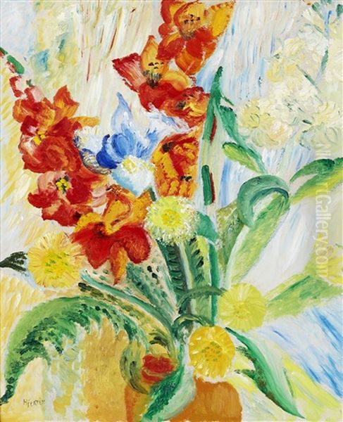 Blomsterstilleben Med Gladiolus, Astrar Och Ormbunkar Oil Painting by Sigrid Hjerten