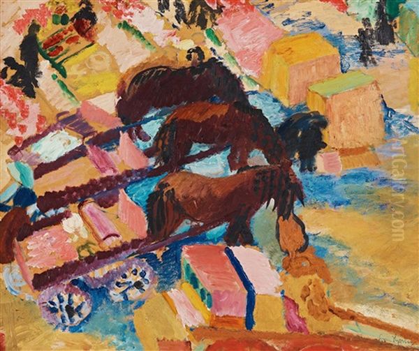 Horses On Kornhamnstorg Oil Painting by Sigrid Hjerten