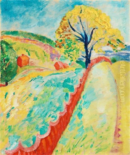 The Red Fence, Granna Oil Painting by Sigrid Hjerten