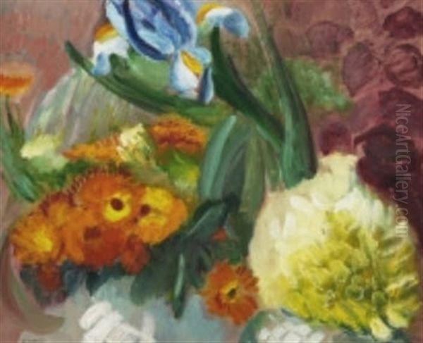 Ringblommor Och Iris Oil Painting by Sigrid Hjerten