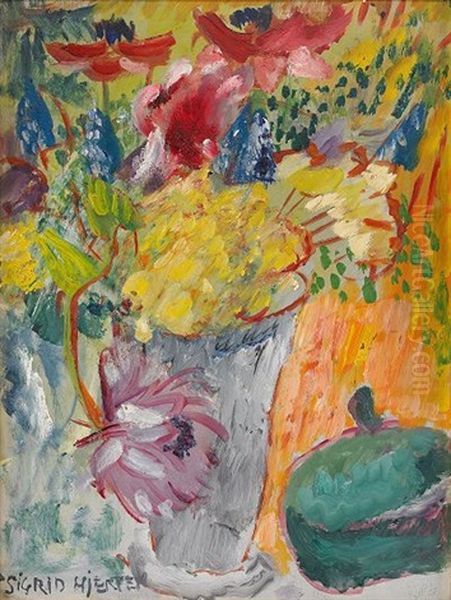 Blomsterstilleben Med Gron Dosa Oil Painting by Sigrid Hjerten