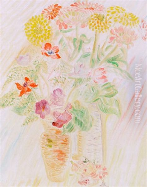 Blomsterstilleben Med Zinnior Och Anemoner Oil Painting by Sigrid Hjerten