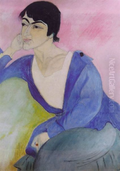 Ester I Bla Drakt Oil Painting by Sigrid Hjerten