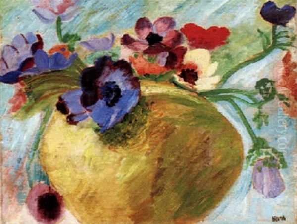 Lerkrus Med Anemoner Oil Painting by Sigrid Hjerten