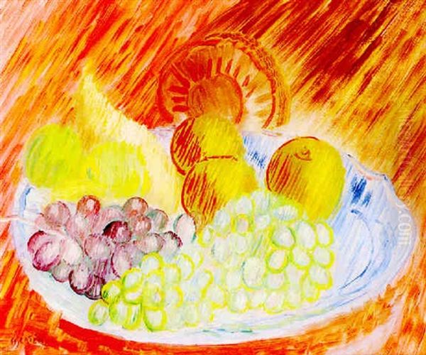 Fruktfat Mot Rod Bakgrund Oil Painting by Sigrid Hjerten