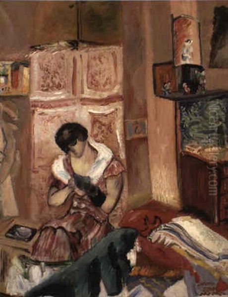 Berthe Stoppar Strumpor Oil Painting by Sigrid Hjerten