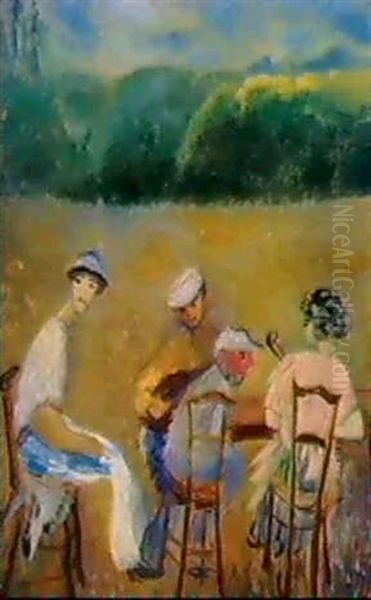 Musiscerande Sallskap Pa Sommarang Oil Painting by Sigrid Hjerten