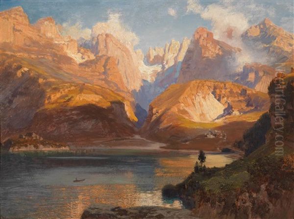 Lake Molveno With The Brenta Group. Late Autumn. South Tyrol Oil Painting by Anton Hlavacek