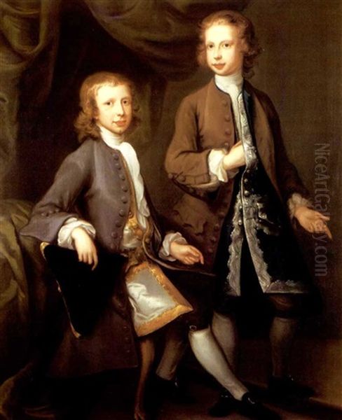 Portrait Of Thomas And George Parker Wearing A Grey And Brown Coat Respectively Oil Painting by William Hoare