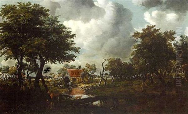 Baumlandschaft Mit Bauernhausern Oil Painting by Meindert Hobbema