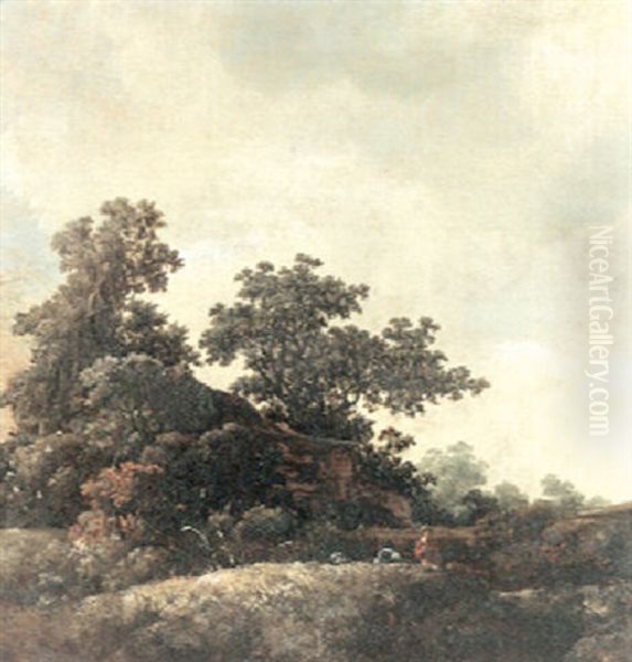 A Landscape With Cottage And Two Figures Oil Painting by Meindert Hobbema