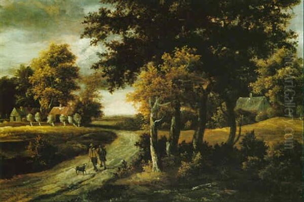 Wooded Landscape With Figures On A Path, Cottages Beyond Oil Painting by Meindert Hobbema