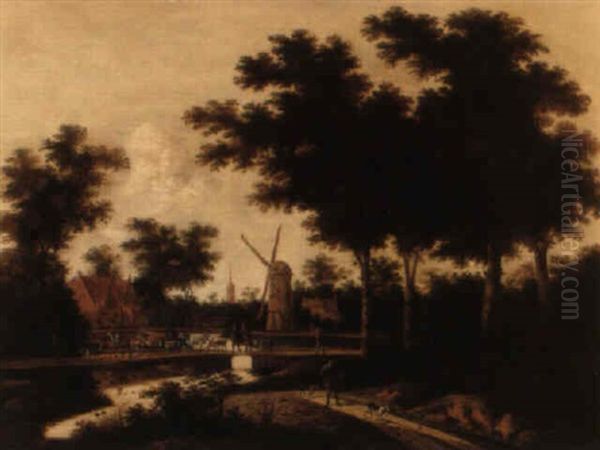 Paysage Boise Avec Un Moulin, Et Des Paysans Traversant Un Pont Oil Painting by Meindert Hobbema