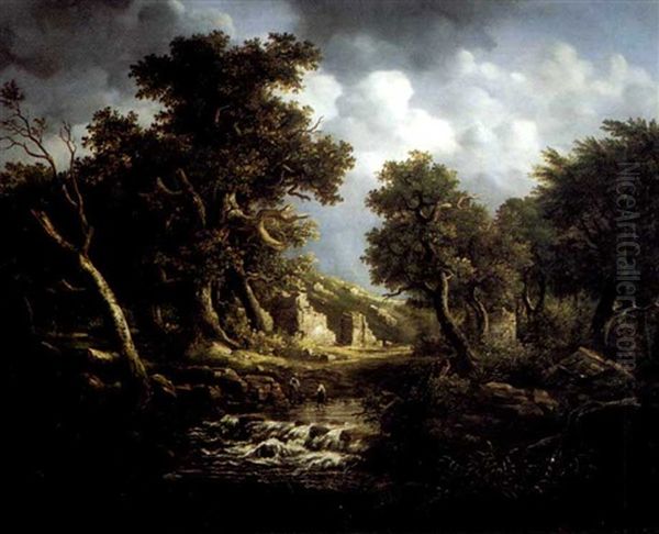 A Wooded Landscape With Figures In A Stream Before Ruins Oil Painting by Meindert Hobbema