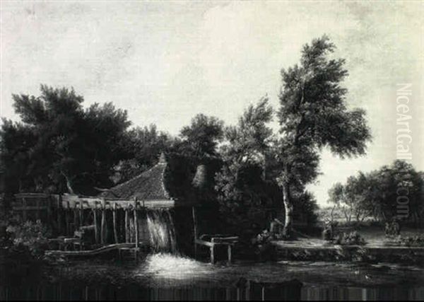 A Wooded Landscape With Figures By A Watermill Oil Painting by Meindert Hobbema