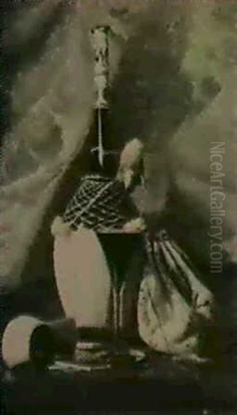 Tabletop Still Life: Pipe, Matches,                         Sash, Wine Bottle And Glass Oil Painting by George Thompson Hobbs