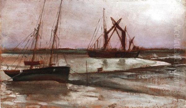 Barges At The Ferry, Benfleet - Canvey (+ Schooner; 2 Works) Oil Painting by Frank Hobden