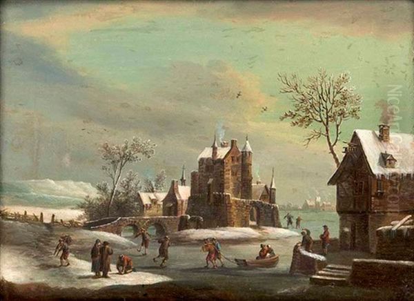 Winterlandschaft Mit Schlittschuhlaufern Oil Painting by Franz Hochecker