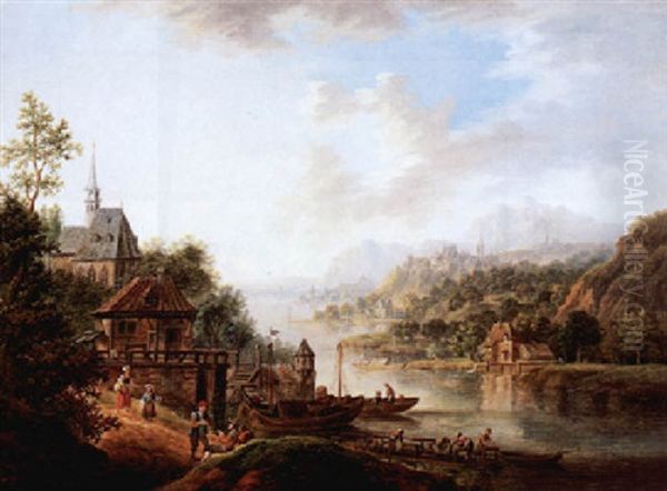 Flusslandschaft Mit Figuren, Links Im Vordergrund Personen Im Gesprach Vor Einem Dorf Oil Painting by Franz Hochecker