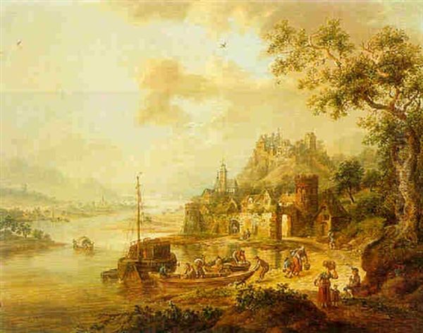 A Rhenish River Landscape With Figures Unloading A Vessel, A Town Nearby Oil Painting by Franz Hochecker