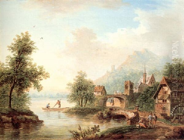A Rhine Landscape With A Mill And Figures Oil Painting by Franz Hochecker