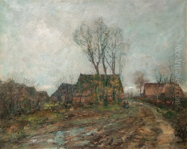 North German Village Oil Painting by Rudolf Hoeckner