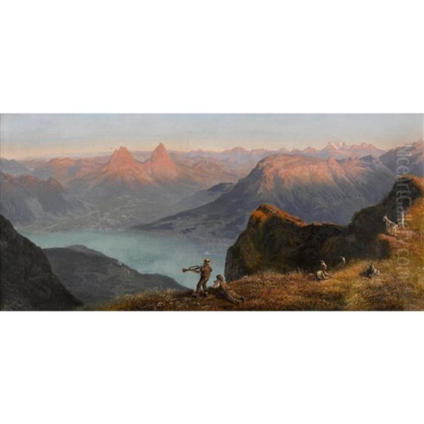 Vierwaldstattersee Mit Mythen Im Abendrot Oil Painting by Ernst Hodel the Elder
