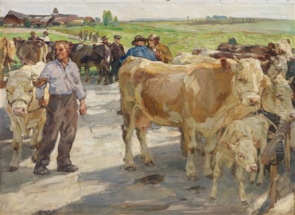 Cattle Market Oil Painting by Ernst Hodel the Younger
